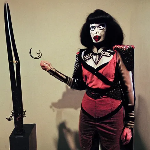 Image similar to klingon with telescopic limbs dressed in glam clothing, photo by cindy sherman