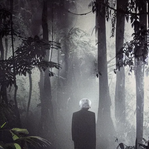 Image similar to old japanese man wearing a dirty and tattered business suit wandering through a misty and dark rainforest at night, glitchy paparazzi photo,