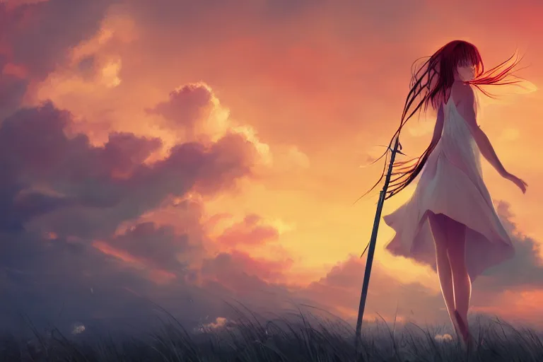 Image similar to back shot of one single beautiful girl in sundress gazing back, holding two swords, digital art by wlop. artstation contest winner, cinematic paint. lower shot. dramatic cloud in background. sunset