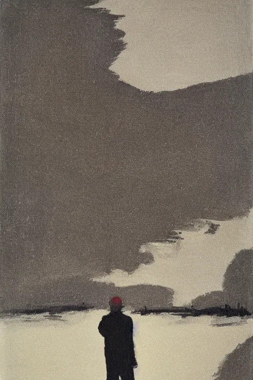 Image similar to man standing by a river, 1960’s minimalist advertising illustration, painterly, expressive brush strokes