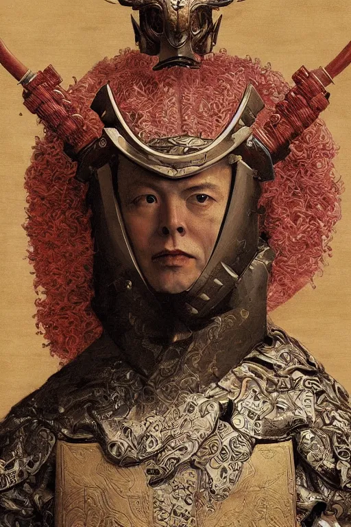 Image similar to Baroque painting of a Elon Musk as a samurai, inspired by Gustav Moreau and Wayne Barlowe, exquisite detail, hyper realism, ornate, exquisite detail, cute face