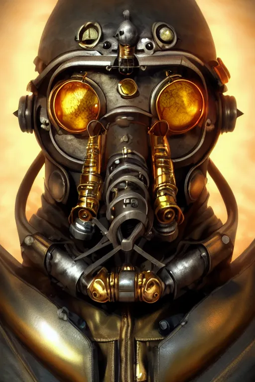 Image similar to steampunk mask minimalist fantasy art robot ninja helmet, global illumination ray tracing hdr fanart arstation by sung choi and eric pfeiffer and gabriel garza and casper konefal radiating a glowing aura