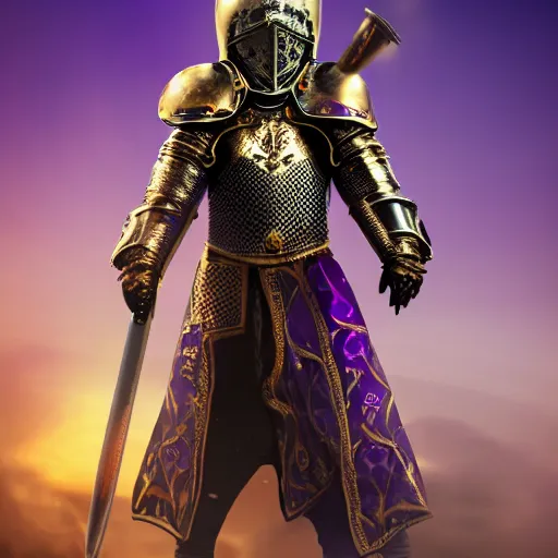 Image similar to a highly detailed knight with glowing purple eyes in a T golden helmet and a golden crown with a blue diamond in the center, golden armor, leather clothes under the armor, leather gloves, holds a black sword, artstation, DeviantArt, professional, octane render, sunset lighting