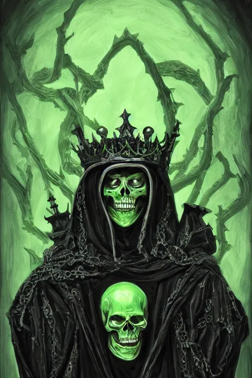 Image similar to portrait of an ominous skeleton king dressed in black robes wielding poisonous powers, glowing green and black tones, oil on canvas, gothic style, ornate, elegant, highly detailed, realistic, concept art, trending on artstation