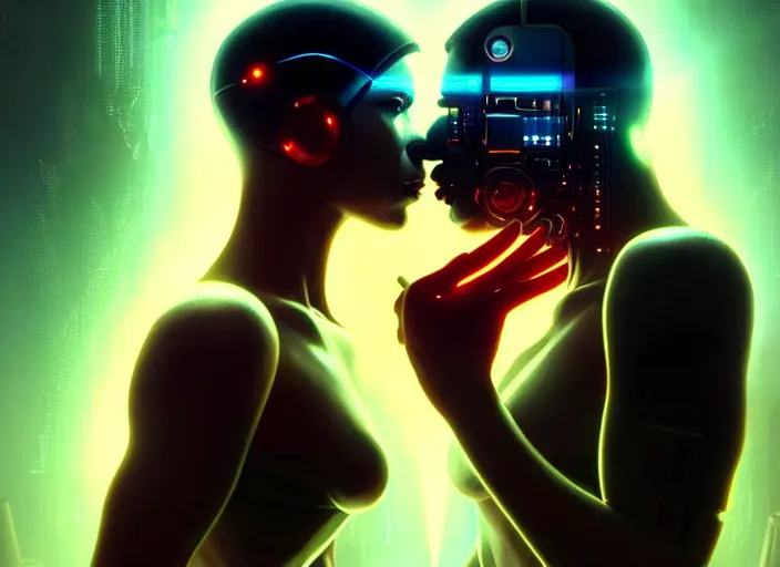 Image similar to cyberpunk, sci - fi, fantasyultra realistic medium shot of a couple of cyborgs kissing, lovers, kodak, colour led, soft light, volumetric lighting, night, intricate, highly detailed, digital painting, concept art, smooth, sharp focus, illustration, art by artgerm and greg rutkowski and alphonse mucha