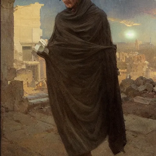 Image similar to half portait of magican wearing a cowl reading big old book! while walking, jeremy mann, jean leon gerome, tiepolo, alphonse mucha, greg rutkowski, face in the shadows, ( ( ruins of ancient rome ) ), at dusk, mysterious atmosphere, sunrays, dof, masterpiece, high detailed, 8 k