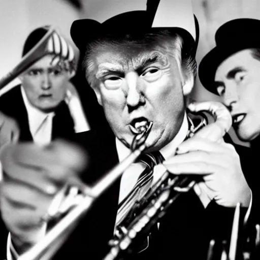 Image similar to donald trump in a jazz band, film noir