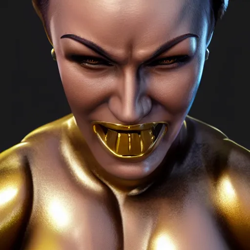 Image similar to portrait of muscle woman gold statue reflect chrome, 8 k uhd, unreal engine, octane render in the artstyle of finnian macmanus, john park and greg rutkowski