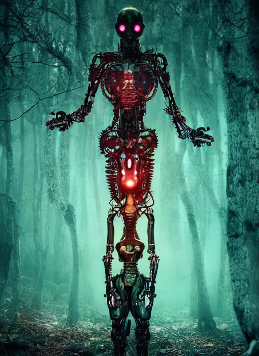 Prompt: a small psychedelic surreal horror cyborg in the chaotic spirit forest, bizarre conceptual art, filmic, fulcolor octane reminder, cinematic, ultra - realistic