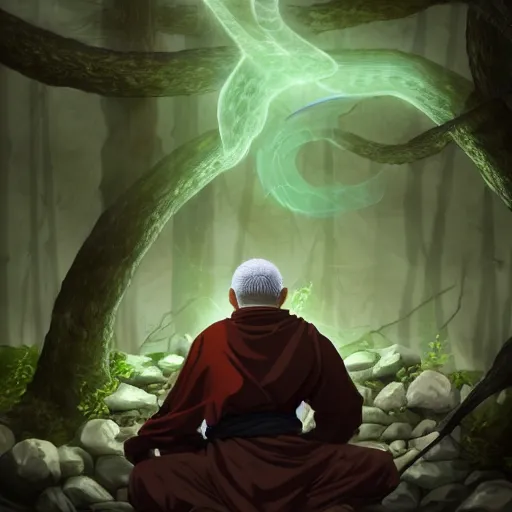 Image similar to a dragon sage monk yamabushi meditates in a dark forest. surrounded by serpents of all sized, danzo, orochimaru madara, ultra hyper detailed realistic matte painting artstation narutoverse stylized beautiful lighting moody gloomy