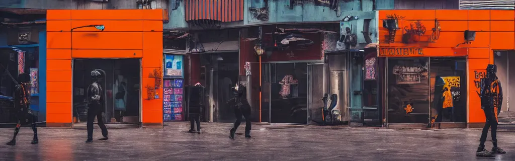 Prompt: two passive guards near the entrance of a big colorful shop in the crowd of a cyberpunk dystopian city at day in an orange fog at a distance