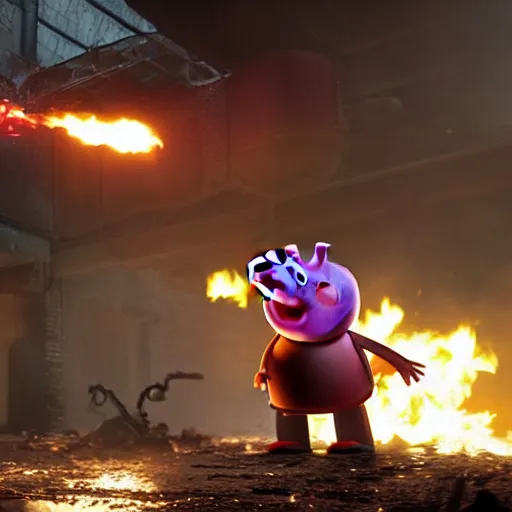 Image similar to Peppa pig in Gears of War, splash art, movie still, cinematic lighting, dramatic, octane render, long lens, shallow depth of field, bokeh, anamorphic lens flare, 8k, hyper detailed, 35mm film grain