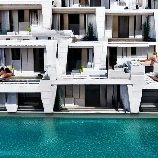 Prompt: habitat 6 7, white lego terraced architecture hotel in the dessert, many plants and infinite pool