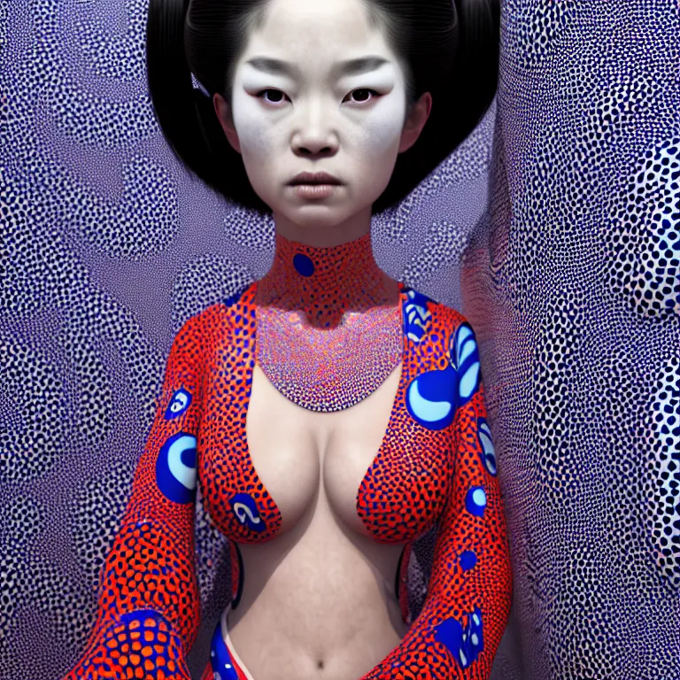 Image similar to hyperrealistic detailed image of a geisha in a art installation room, hd smooth interior by yayoi kusama, part by kei mieno, part by ross tran, dark art by james jean, ultra realistic, highly detailed, life like face, detailed body, 8 k, 3 d render by roger magrini, masterpiece