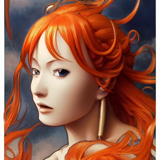 Image similar to intricately detailed vfx portrait of nami from one piece by eiichiro oda, makoto shinkai, alphonse mucha, art by artgerm and greg rutkowski, best of behance, concept art, matte, sharp focus, orange hair, elegant, adolphe bouguereau, annie leibovitz, stanley kubrick, johannes vermeer, hdr,