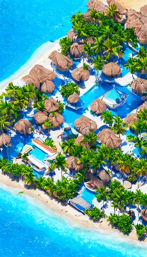 Prompt: beautiful beachside village, palm trees, blue water, isometric view, tilt shift, highly detailed