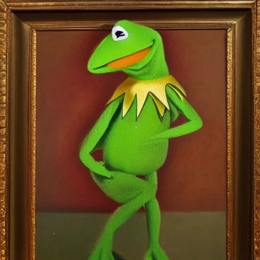 Image similar to photorealistic kermit the frog in an 1 8 5 5 painting by elisabeth jerichau - baumann. painting, oil on canvas