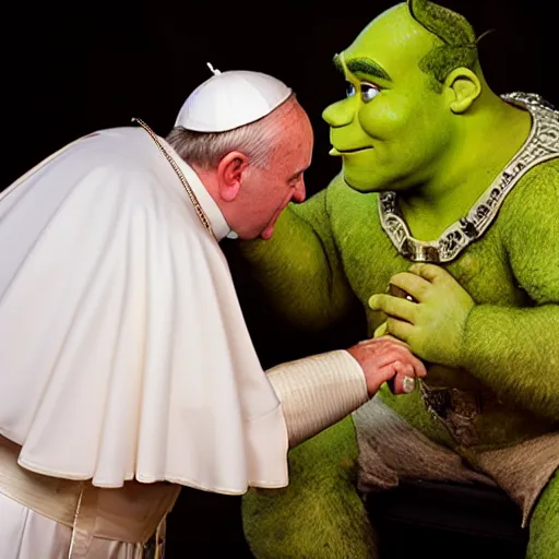 Image similar to shrek kisses the pope's hand. photojournalism, wide angle lens, extremely detailed face, new york times cover, studio lighting