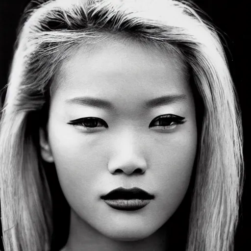 Prompt: black and white vogue closeup portrait by herb ritts of a beautiful female model, korean, high contrast