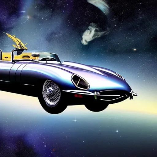 Prompt: a retro sci fi wallpaper of a jaguar e - type series 1 roadster flying in space, realistic, outer space only