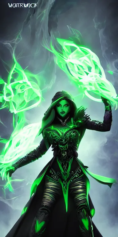 Prompt: malicious warlock casting a fel spell, destructive and devastating, powers and incantations, green and black tones, full body cinematic by artgerm and wlop