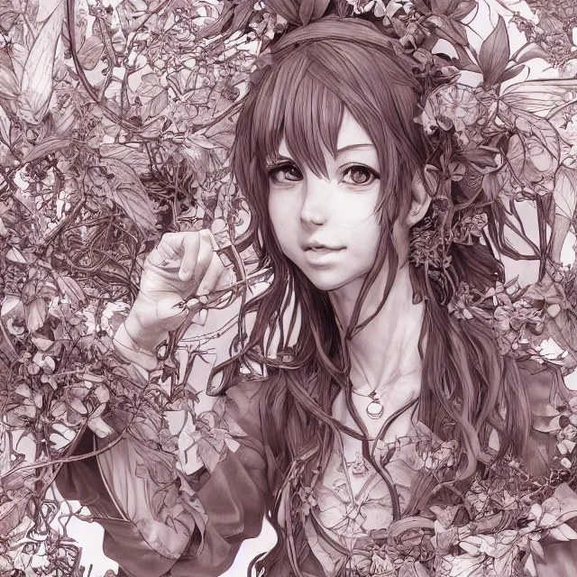 Image similar to the portrait of chaotic good female druid botanist as absurdly beautiful, gorgeous, elegant, young anime girl, an ultrafine hyperdetailed illustration by kim jung gi, irakli nadar, intricate linework, sharp focus, bright colors, octopath traveler, final fantasy, unreal engine 5 highly rendered, global illumination, radiant light, detailed and intricate environment