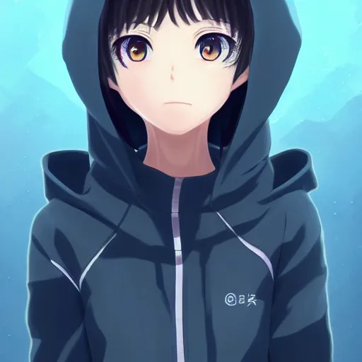 Image similar to advanced anime character art render, beautiful anime girl wearing a black orca skin hoodie outfit ,big blue watery eyes, mid shot , medium shot, Rossdraws, WLOP , Sakimimichan
