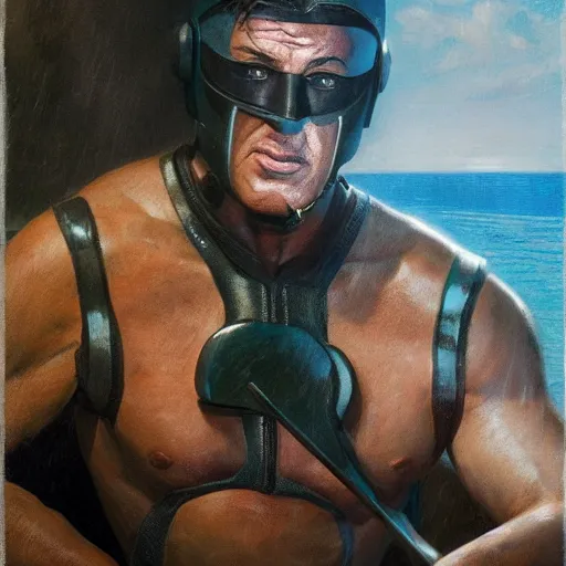 Image similar to sylvester stallone in ancient greece sci - fi armor, tech noir, wet reflections, prism, atmospheric, ambient, pj crook, syd mead, livia prima, greg rutkowski, edward hopper