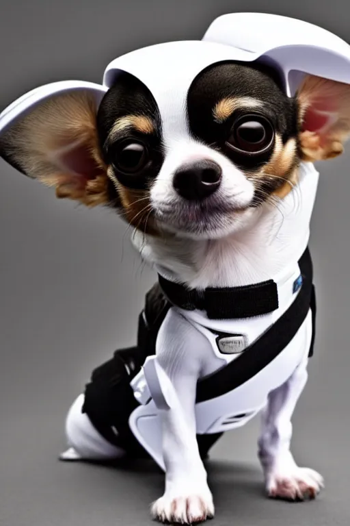 Prompt: a Chihuahua holding a lightsaber,dressing like Stormtrooper,futuristic style.unnreal engine