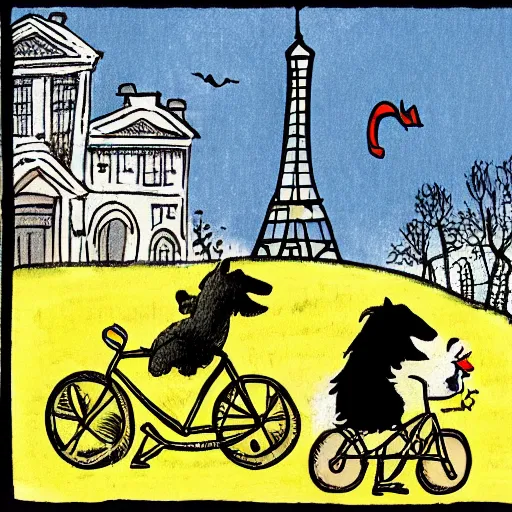 Prompt: illustration of a dog riding a bike in paris in the style of maurice sendak