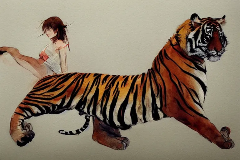 Prompt: girl riding a tiger, art, minimalistic painting, watercolor on paper, high quality, by Berthe Morisot, by Conrad Roset, trending on artstation