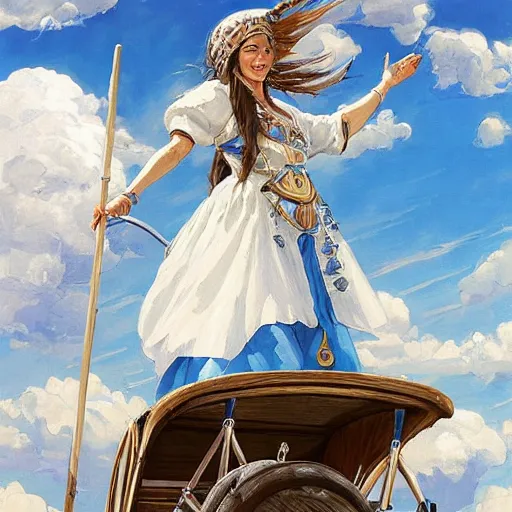 Prompt: a smiling waving woman from the cloud tribe, cumulus cloud tattoos, sky blue and white color scheme, background plains with horse and cart, fantasy character portrait by Michael Garmash, Donato Giancola