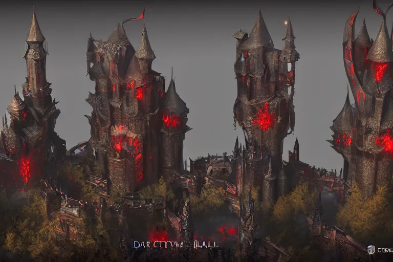 Image similar to big evil castle - city rock dark shadow elves, might and magic heroes vii, dark fantasy, shadows, artstation trending, unreal engine 5, red