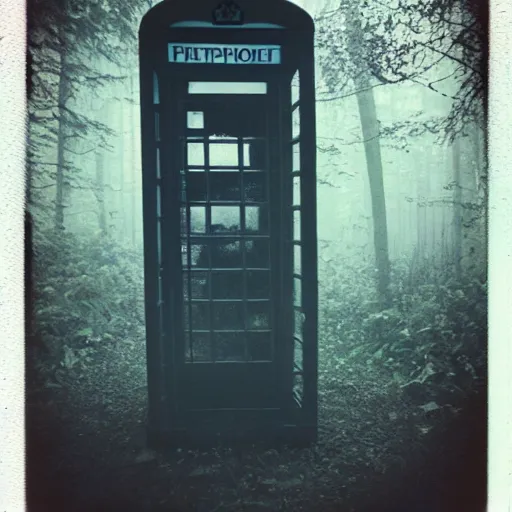 Prompt: a phone booth in the middle of a forest at night, dark, foggy, eerie, creepy, unsettling, lost footage, old polaroid, expired film,