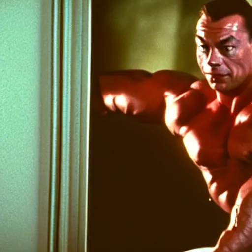 Image similar to Jean Claude Vandamme, 1992, doing the splits over a toilet, dramatic lighting, award winning, octane,