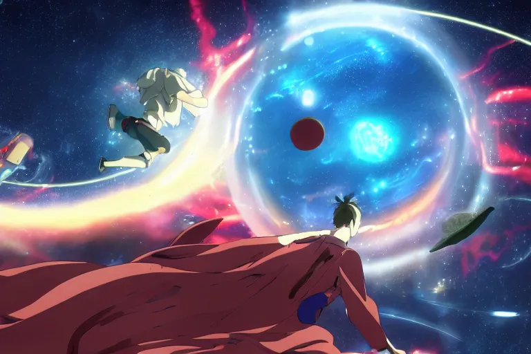 Image similar to Tonemapped Anime character splitting a gas giant in half like Moses with the Red Sea, while a pack of Space whales fly through an interdimensional rift! in the background by (Hiromu Arakawa), Makoto Shinkai and (Cain Kuga)