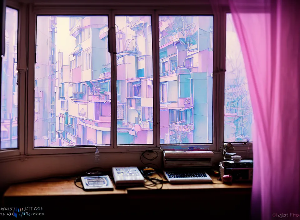 Image similar to telephoto 7 0 mm f / 2. 8 iso 2 0 0 photograph depicting the feeling of chrysalism in a cosy cluttered french sci - fi ( art nouveau ) cyberpunk apartment in a pastel dreamstate art cinema style. ( cat, computer screens, window ( city view ), sink, lamp ( ( ( fish tank ) ) ) ), ambient light.