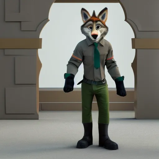 Image similar to portrait, 3d render , anthropomorphic wolf male , wearing a torn knee length jacket , in the style of Zootopia
