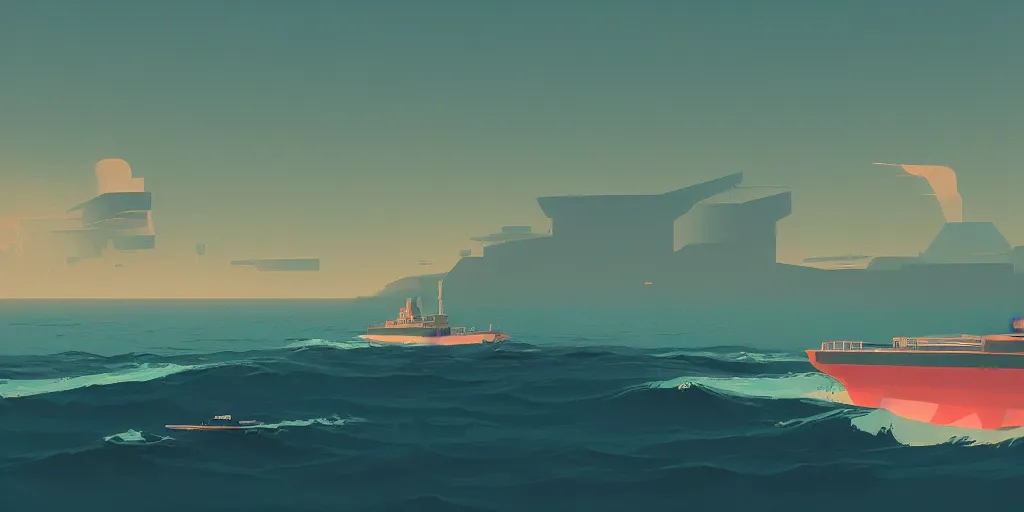 Image similar to ship at sea, wallpaper, digital art by james gilleard and makoto shinkai