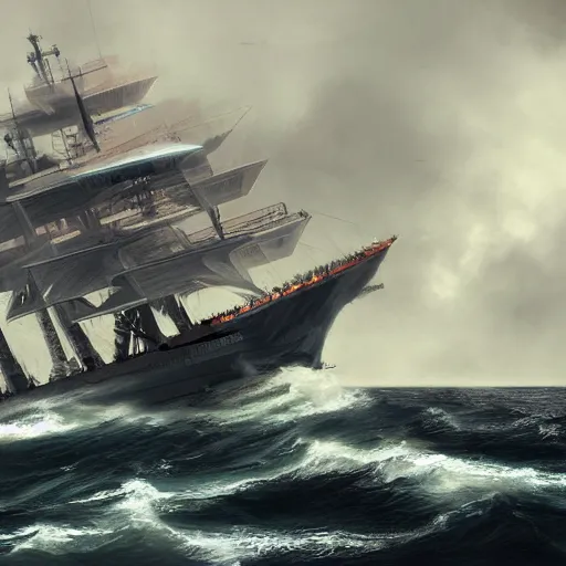 Prompt: A massive and detailed warship in a stormy sea, naval battle, concept art, artstation, 8k, by Małgorzata Kmiec and Lulu Chen