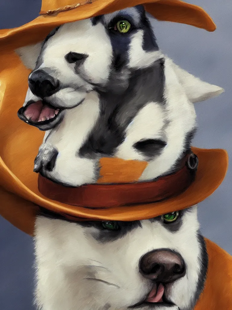 Image similar to a portrait painting of a husky in cowboy costume, wearing a cowboy hat, by studio ghibli, in the style of anime, [ western film ], humanoid, personify, anthropomorphic, trending on artstation