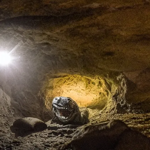 Prompt: photo inside a cavern of a scary wet reptilian humanoid partially hidden behind a rock watching a tourist