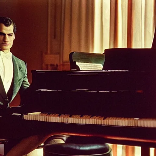 Prompt: henry cavill playing piano, autochrome