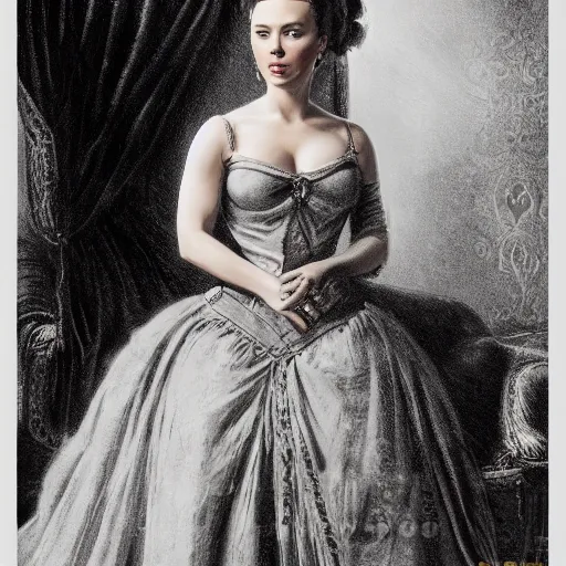 Prompt: frank frazetta portrait of scarlett johansson as queen victoria, full body, 8 k, realistic, photo real, smooth, sharp, intricate detail, hyper detail, dramatic lighting, dramatic shading