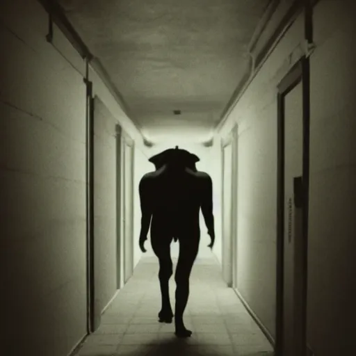 Prompt: hi - 8 night vision camera footage of a barely visible, bipedal minotaur with shrouded in darkness at the end of an extremely dark hallway