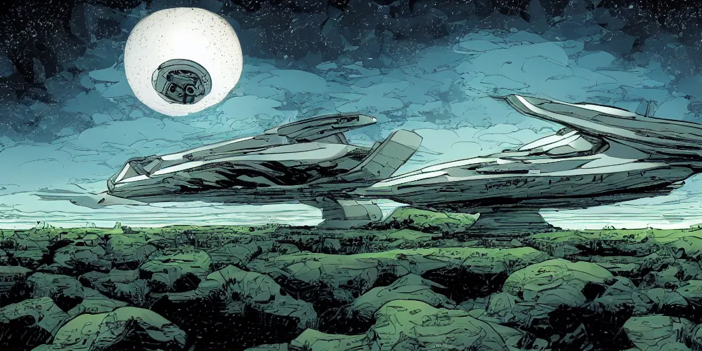 Image similar to stunning landscape of a spaceship in a dramatic setting by brian k. vaughan