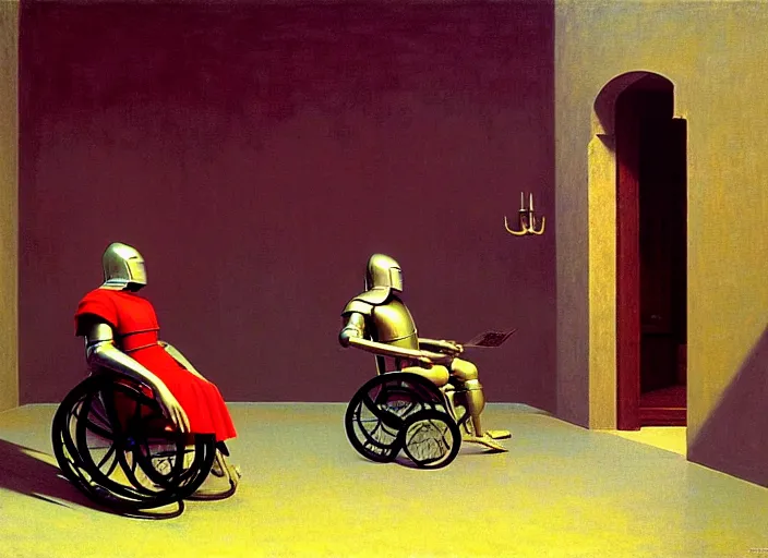 Prompt: knight in rich armor in a wheelchair do tricks & watch old tv, rome, highly detailed, soft lighting, elegant, by edward hopper and james gillard, zdislaw beksinski, stephen outram, andreas m wiese, carl spitzweg, syd mead, highly detailed, masterpiece, unreal 6, 8 k