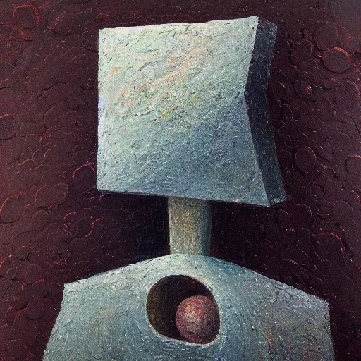 Prompt: an impasto detailed painting by shaun tan of an abstract forgotten sculpture by the caretaker and ivan seal