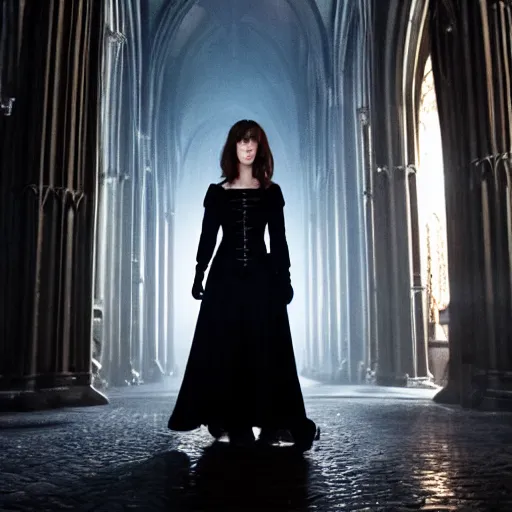 Image similar to mary elizabeth winstead as a vampire about to attack in a gloomy gothic cathedral at night