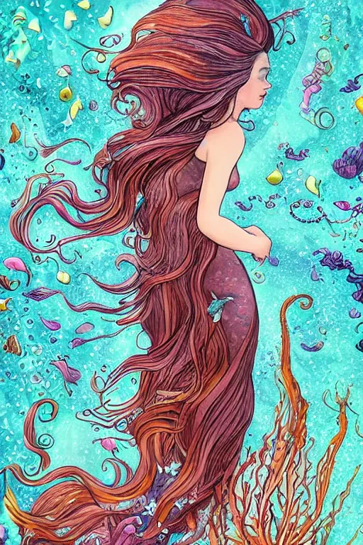 Prompt: mermaid , underwater, a stunning beautiful woman with long ombre auburn hair wearing a flowing silk dress, abundant detail, tiny octopuses and flowers in her hair